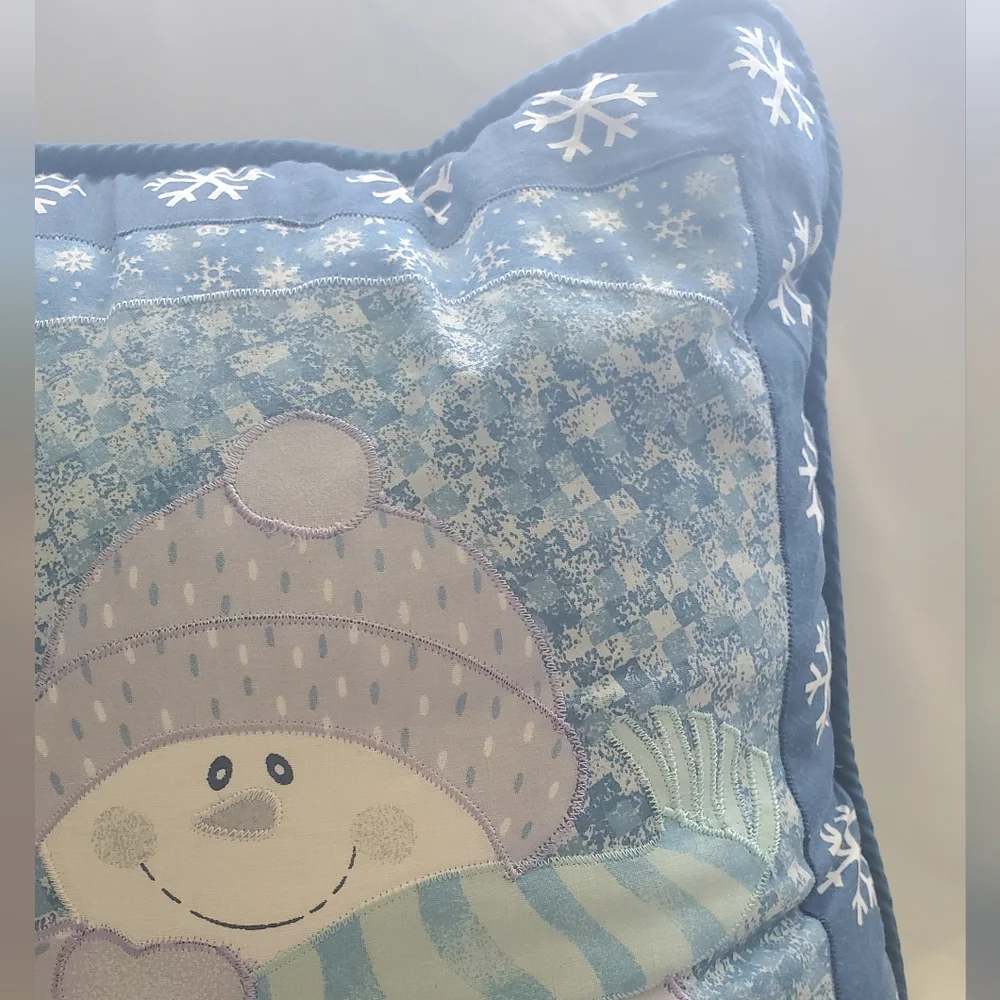 Snowman Vintage Holiday Pillow - Blue and Gray Snowflakes Cotton/Polyester
